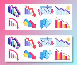 下拉图表。金融危机、商业问题和经济下滑。向下箭头图形，损失和减少收入。