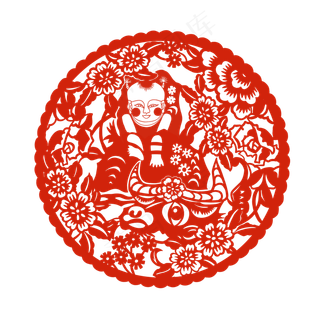 红色牛年年画娃娃剪纸