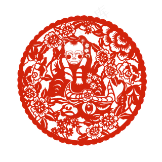 红色牛年年画娃娃剪纸