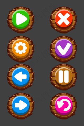 游戏用的一套木制按钮。圆形孤立的图标或标志。