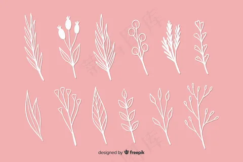 粉红色背景上的花卉和树叶收藏