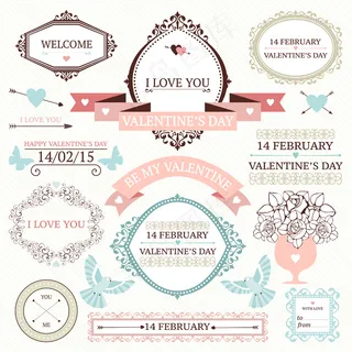 情人节复古相框、边框、丝带等元素收藏。