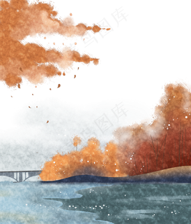 水墨精致边框橙色湖景