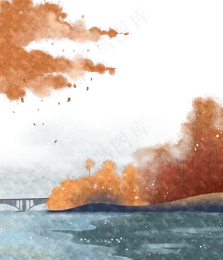 水墨精致边框橙色湖景