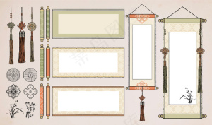 中国挂卷轴。东方复古亚洲卷轴。韩文、日文卷轴纸。