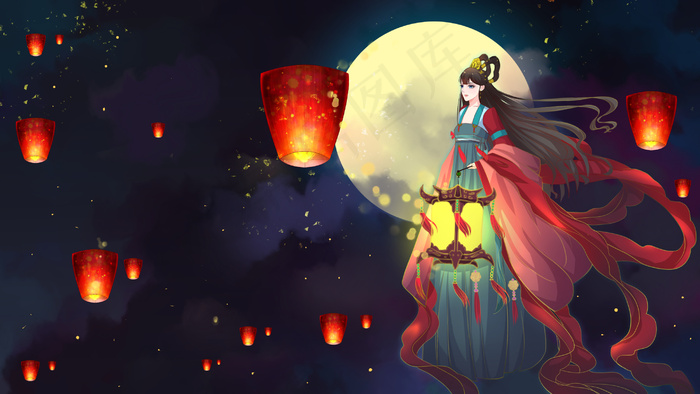 中国风动漫中秋节孔明灯嫦娥奔月中秋(2880*1620px 300 dpi )psd模版下载