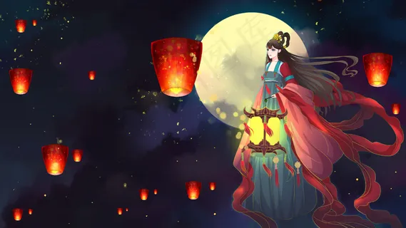 中国风动漫中秋节孔明灯嫦娥奔月中秋 中国风动漫中秋节孔明灯嫦娥奔月中秋