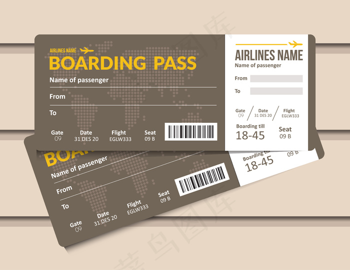 机票。航空公司登机牌模板。机场和飞机通行证文件。