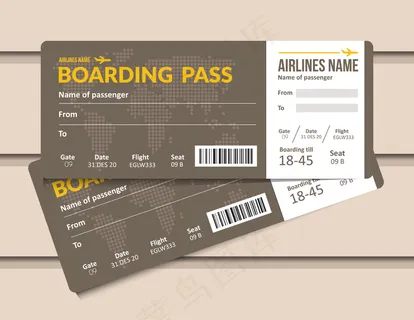 机票。航空公司登机牌模板。机场和飞机通行证文件。