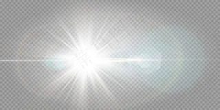明亮的星星孤立在透明的白色背景上。效果，眩光，辐射，爆炸，白光，设置。星星的光芒，美丽的阳光。