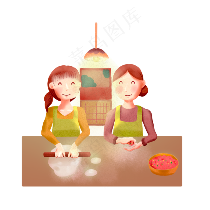 立冬手绘水彩女儿和妈妈一起包饺