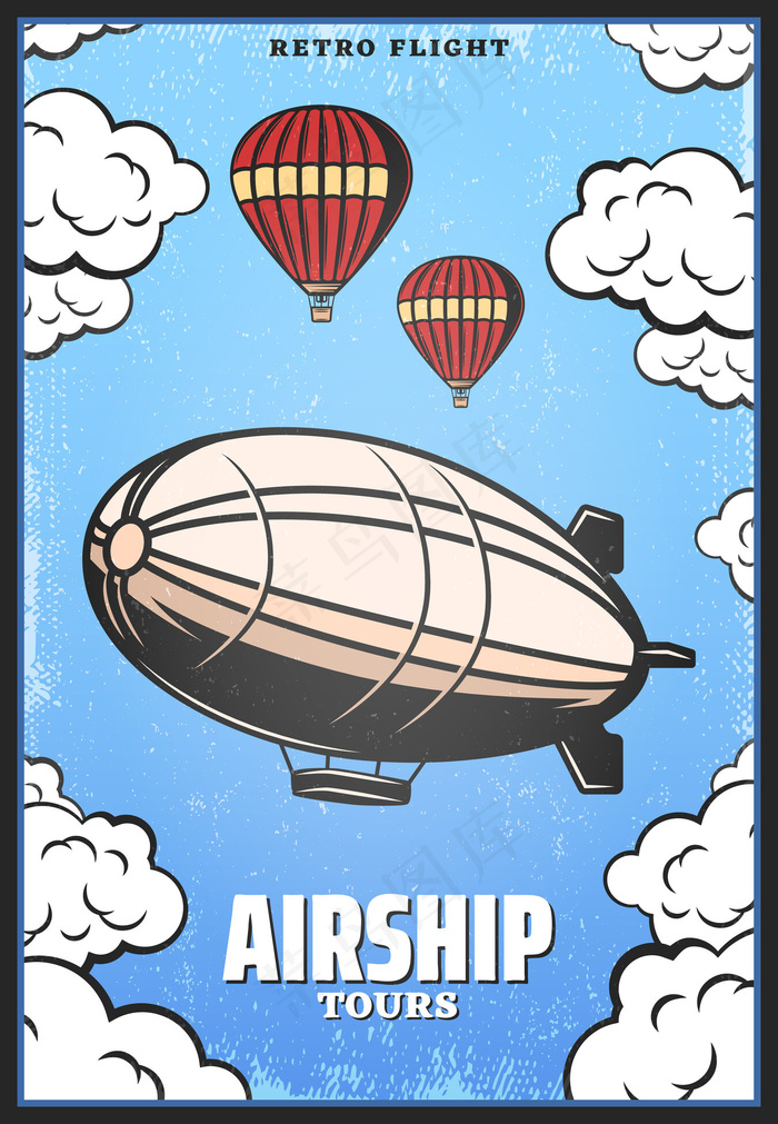 复古彩色飞艇海报，天空背景为齐柏林飞艇或数码热气球eps,ai矢量模版下载