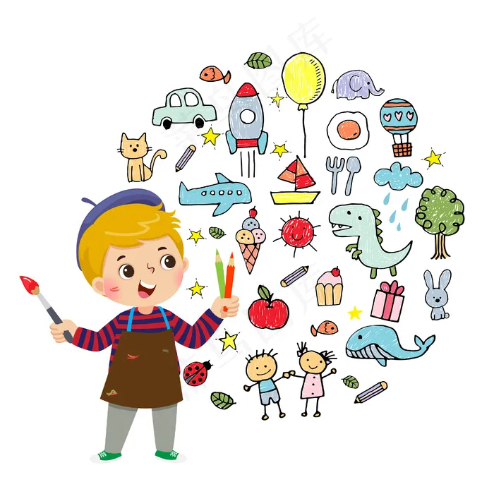 小男孩艺术家用彩色铅笔和画笔在白色背景上绘画的插图卡通。eps,ai矢量模版下载