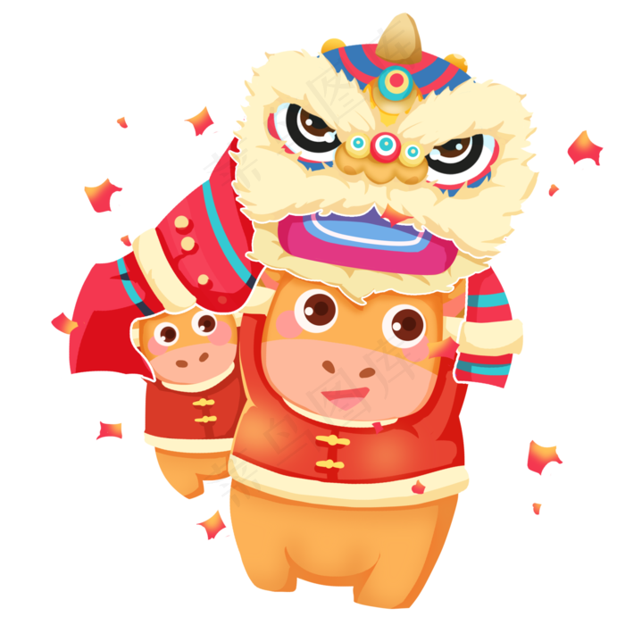 2021牛年卡通黄牛舞狮