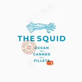 鱿鱼海洋罐头鱼片。抽象标志、符号或标志模板。