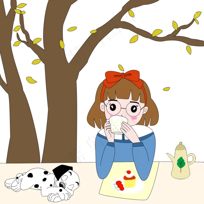 秋分手绘女孩矢量图(2000X2000(DPI:300))psd模版下载