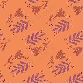 复古无缝模式与手工绘制的树叶，树枝和花的橙色背景元素。