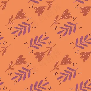 复古无缝模式与手工绘制的树叶，树枝和花的橙色背景元素。
