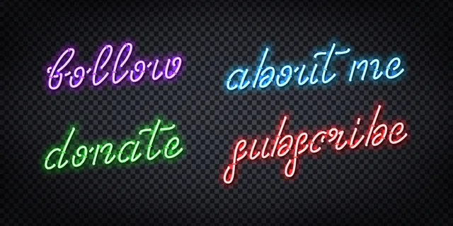 一套逼真的霓虹灯标志订阅标志模板装饰和覆盖在透明背景上。社交媒体和流媒体的概念。