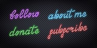 一套逼真的霓虹灯标志订阅标志模板装饰和覆盖在透明背景上。社交媒体和流媒体的概念。