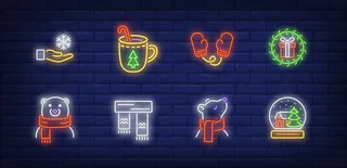 霓虹风格的冬季标志，北极熊戴着围巾