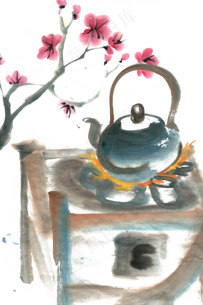 煮茶水墨画PNG免抠素材