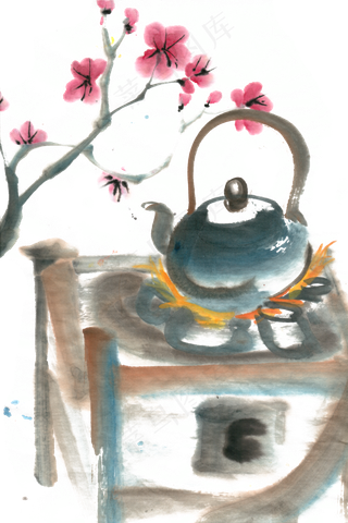 煮茶水墨画PNG免抠素材