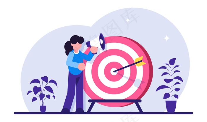 目标达成，升职动机，成功合同。拿着扩音器的女人站在目标附近。商业愿景。