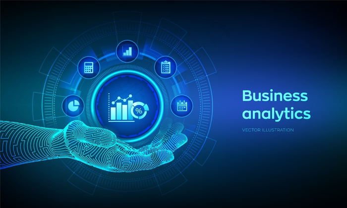 机械手中的业务数据分析图标。虚拟屏幕上的机器人过程自动化概念。