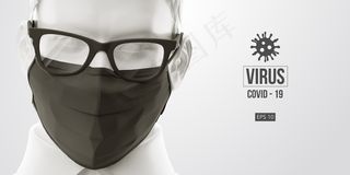 新型冠状病毒。黑色背景上戴着黑色面具的男人。医用口罩和病毒防护。