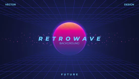 Retrowave赛博霓虹背景景观80年代风格。