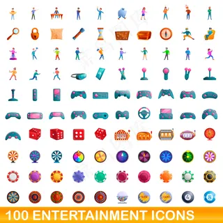 设置100个娱乐图标。在白色背景上隔离设置的100个娱乐图标的卡通插图
