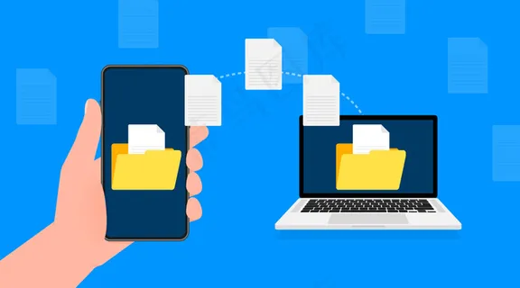 在蓝色上传输文件的现代平面图标