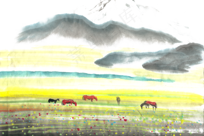 草原牧马水墨画PNG免抠素材