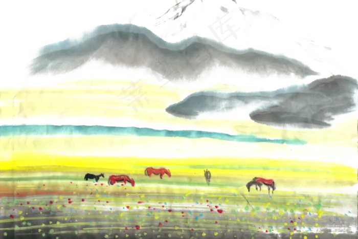 草原牧马水墨画PNG免抠素材(1125X2436(DPI:72))psd模版下载