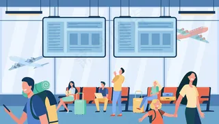 带着行李的快乐旅客在机场走着，窗外飞机起飞