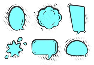 喜剧波普艺术演讲泡泡集。带有半色调点阴影的卡通空文本云。带有黑色轮廓的绿蓝色漫画信息气球。
