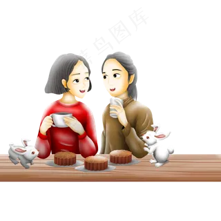 彩绘中秋节聚餐的闺蜜俩可商用元
