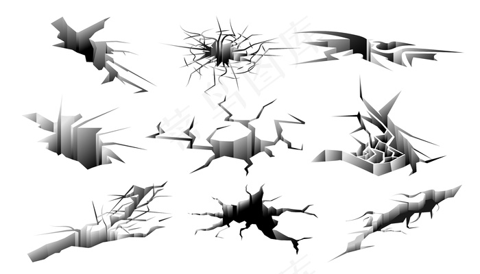 地面裂缝设置。孤立地震洞。地裂缝收集。表面断裂矢量图eps,ai矢量模版下载