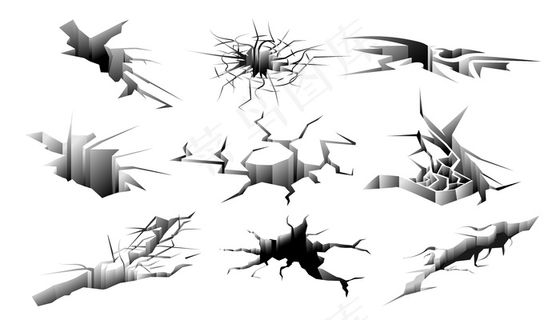 地面裂缝设置。孤立地震洞。地裂缝收集。表面断裂矢量图