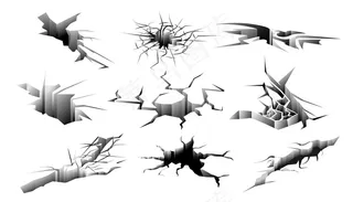 地面裂缝设置。孤立地震洞。地裂缝收集。表面断裂矢量图