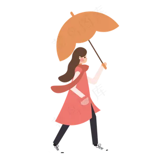 手绘卡通撑雨伞迎风走路的长发美