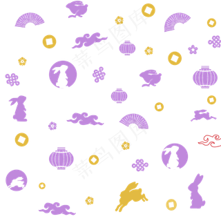 中秋紫色金色兔子灯笼漂浮