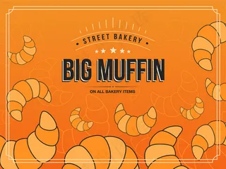 以烘焙为背景。羊角面包插图，带有大松饼文本和橙色背景框架。