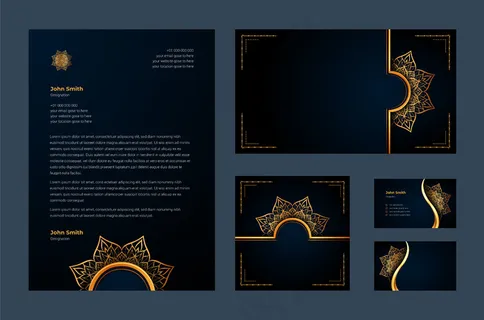 豪华品牌标识或文具设计模板，带有豪华装饰性曼陀罗蔓藤花纹、名片、信头