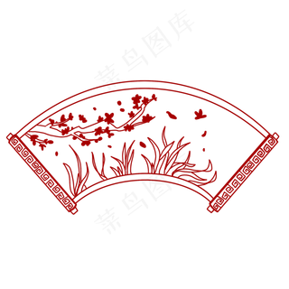 中国风红色剪纸扇形国风画梅花