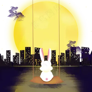 中秋节夜晚赏月的小兔子