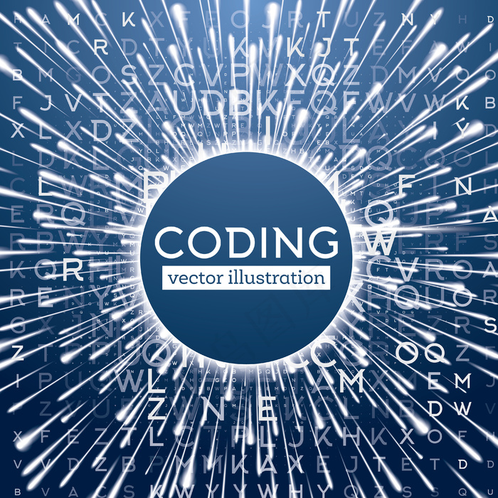 抽象蓝色技术背景，具有不同的字母和翘曲速度效果。