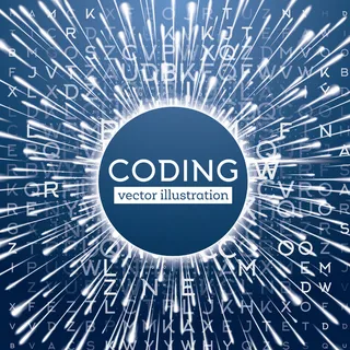 抽象蓝色技术背景，具有不同的字母和翘曲速度效果。