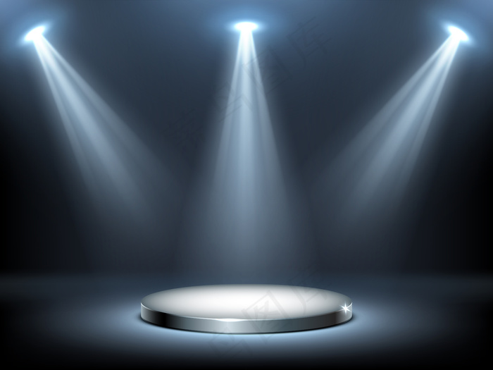 在聚光灯下的圆形讲台舞台，逼真